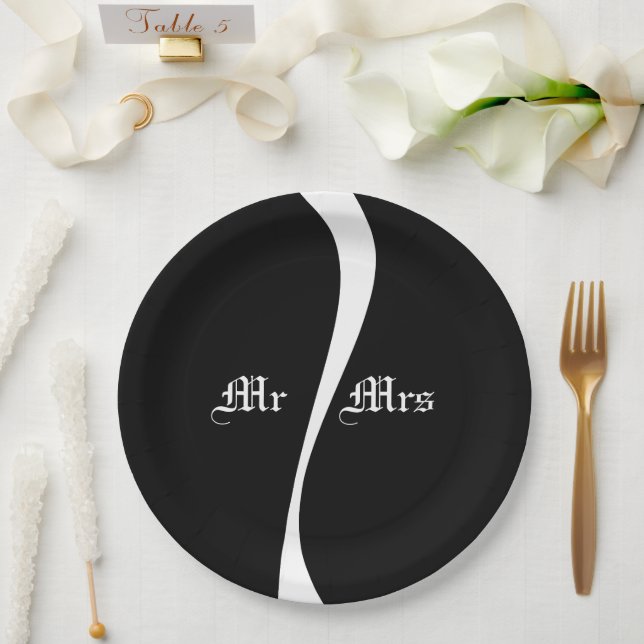 Plato De Papel Ondas simples 2 - Blanco y negro Personalizado (Boda)