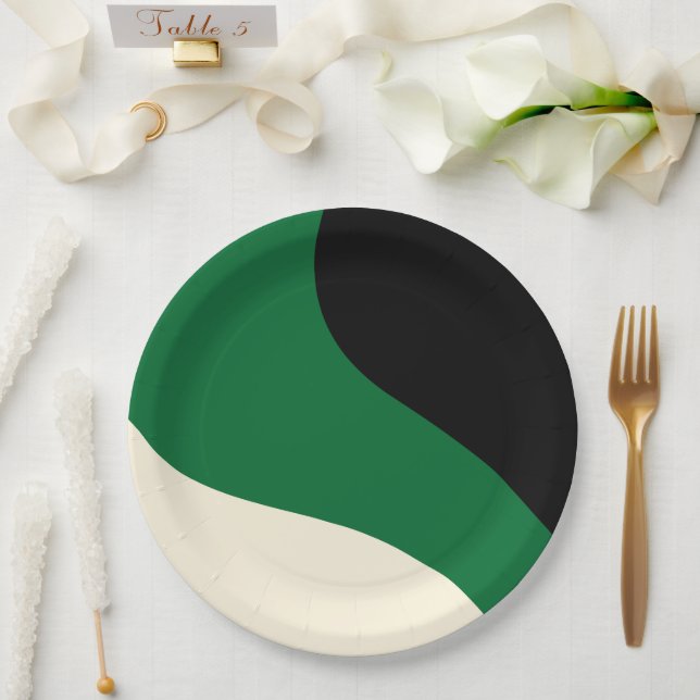 Plato De Papel Ondas simples - Verde, Crema y Negro (Boda)
