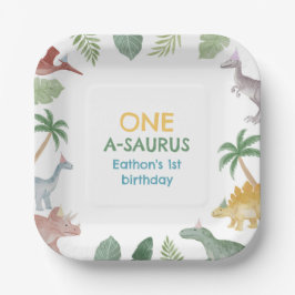 Plato De Papel One A Saurus Dinosaur Boy Birthday Square