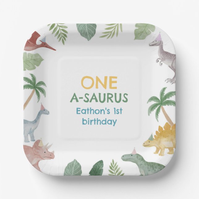 Plato De Papel One A Saurus Dinosaur Boy Birthday Square  (Anverso)