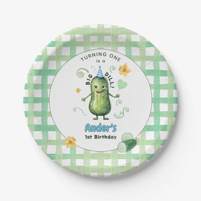 Plato De Papel One Big Dill Pickle First Birthday Blue (Anverso)