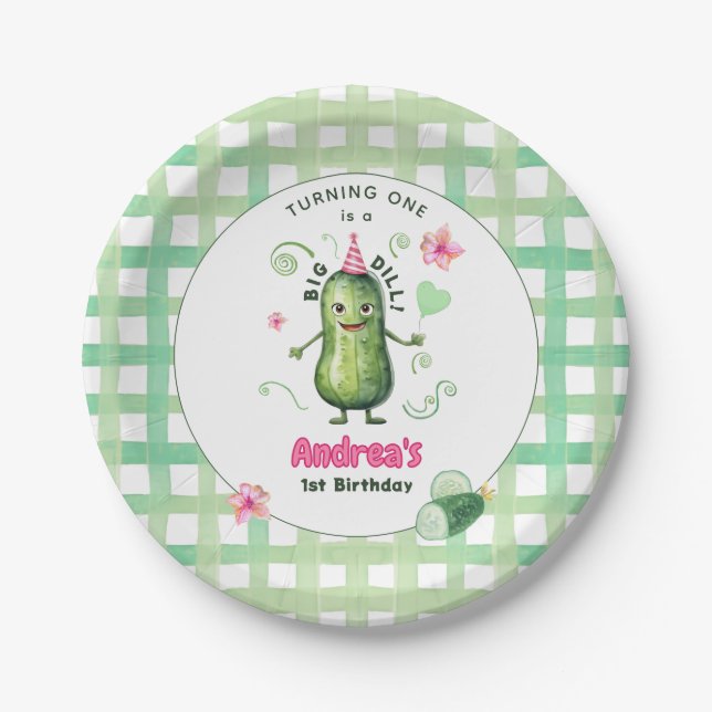 Plato De Papel One Big Dill Pickle First Birthday Pink (Anverso)
