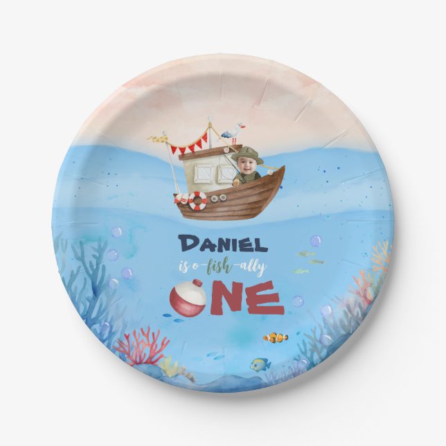 Plato De Papel One Fishing One Pescador One Birthday Paper Plate (Anverso)