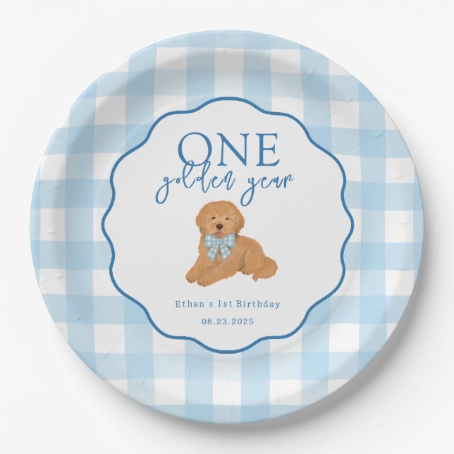 Plato De Papel One Golden Year Doodle Puppy First Birthday Party (Anverso)