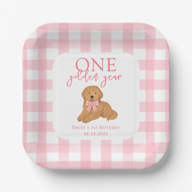 Plato De Papel One Golden Year Golden Doodle Girls Birthday (Anverso)