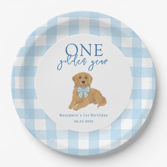 Plato De Papel One Golden Year Golden Retriever Boys Birthday (Anverso)