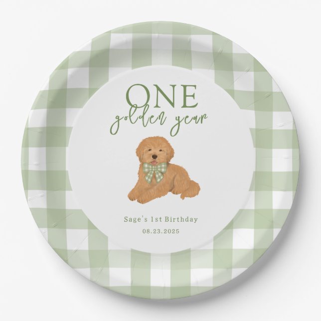 Plato De Papel One Golden Year Goldendoodle Birthday Party (Anverso)