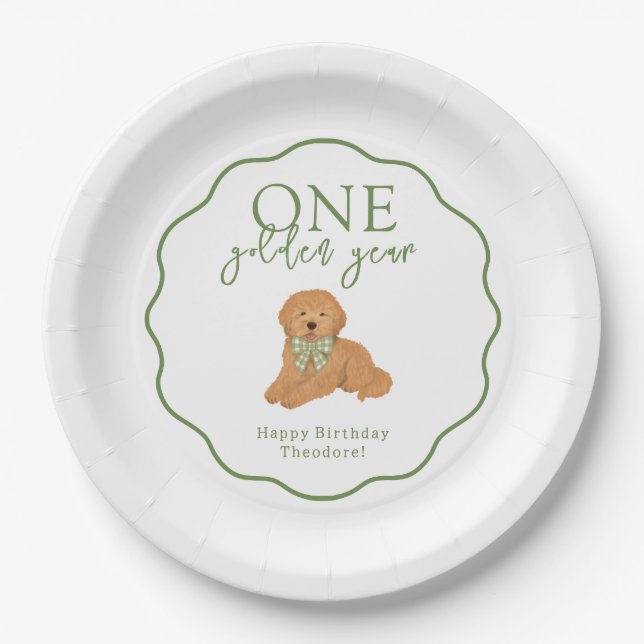 Plato De Papel One Golden Year Goldendoodle First Birthday Party (Anverso)