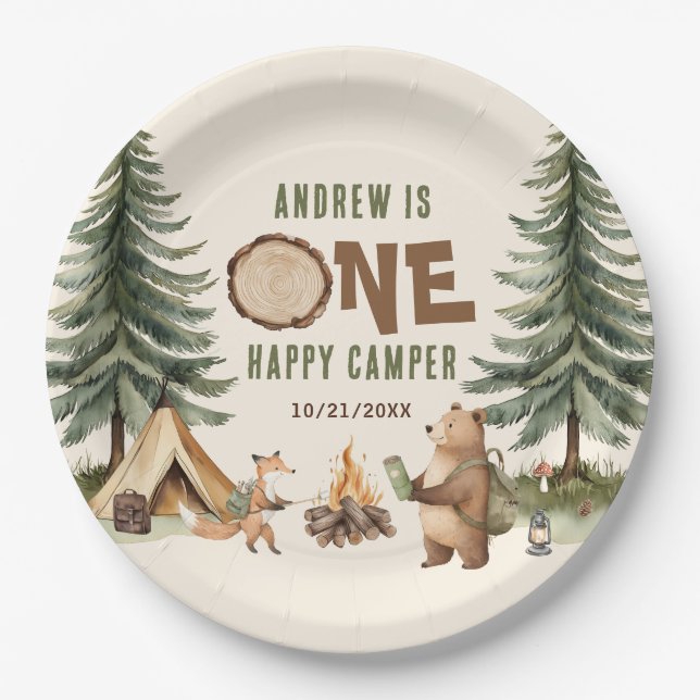 Plato De Papel One Happy Camper 1st Birthday Paper Plates (Anverso)