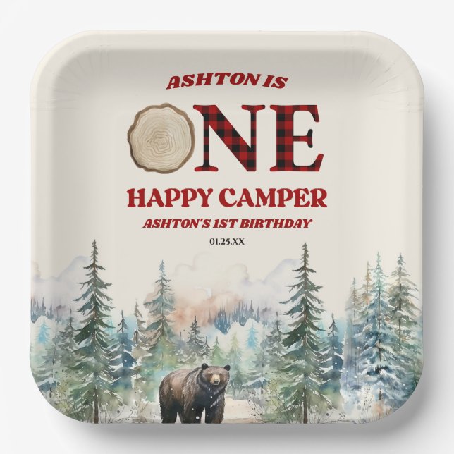 Plato De Papel ONE Happy Camper Bear Red Primer Fiesta de Cumplea (Anverso)