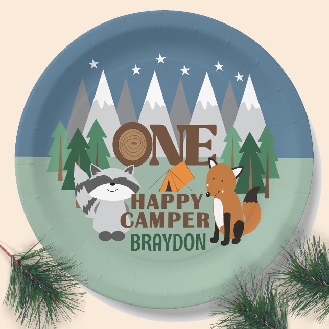 Plato De Papel One Happy Camper Woodland Camping Cute Mountain (ONE happy camper custom paper plate for a 1st birthday! )