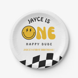 Plato De Papel One Happy Dude 1st Birthday Checkered Paper Plates