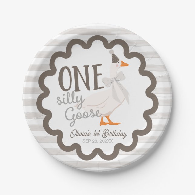 Plato De Papel One Silly Goose Beige Bow 1st Birthday (Anverso)