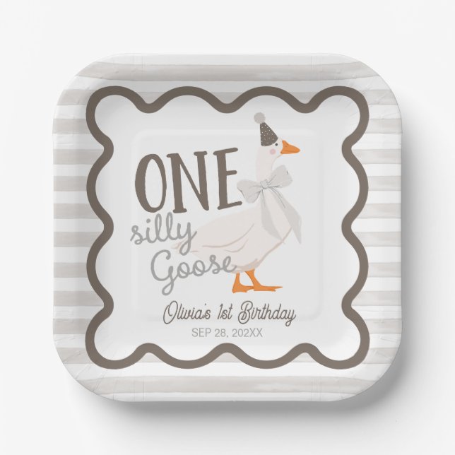 Plato De Papel One Silly Goose Beige Bow 1st Birthday (Anverso)
