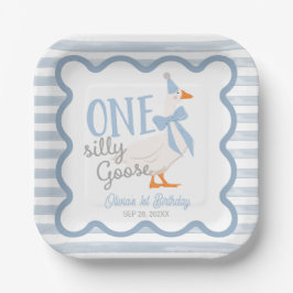 Plato De Papel One Silly Goose Blue Bow 1st Birthday