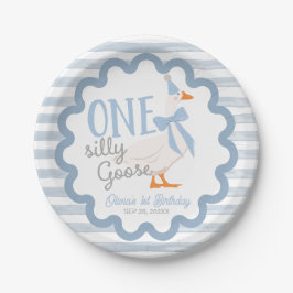 Plato De Papel One Silly Goose Blue Bow 1st Birthday