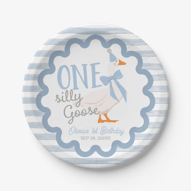 Plato De Papel One Silly Goose Blue Bow 1st Birthday (Anverso)