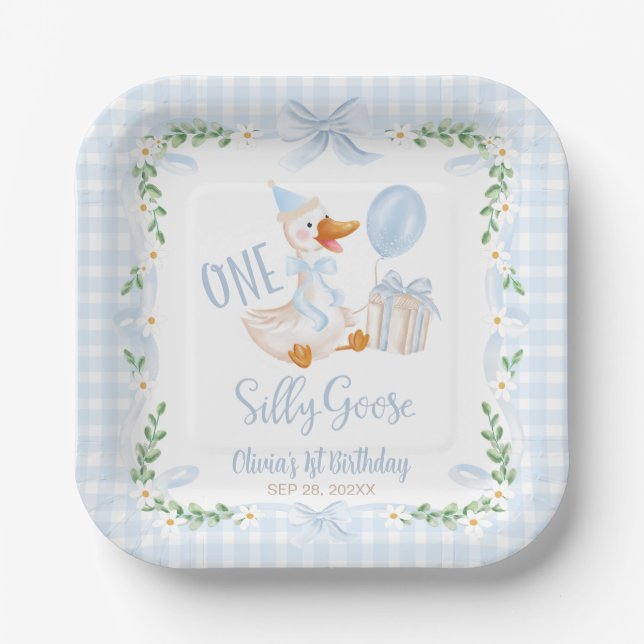 Plato De Papel One Silly Goose Blue Bow Floral 1st Birthday (Anverso)