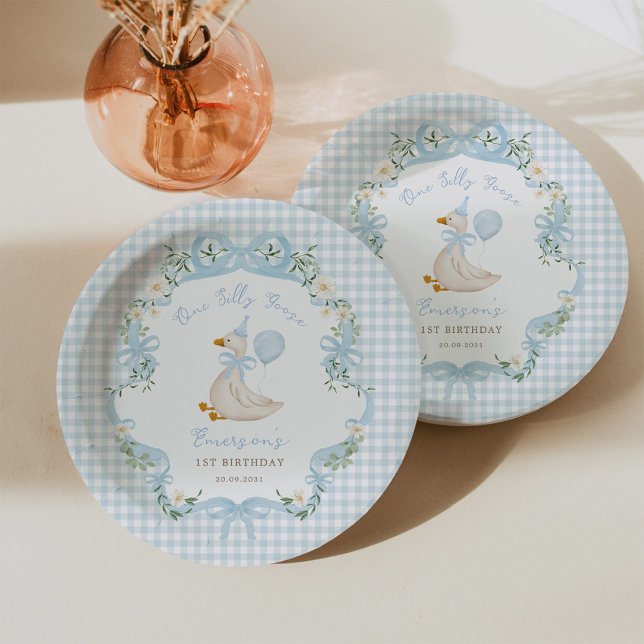 Plato De Papel One Silly Goose Blue Bow Gingham Primer Cumpleaños (Subido por el creador)