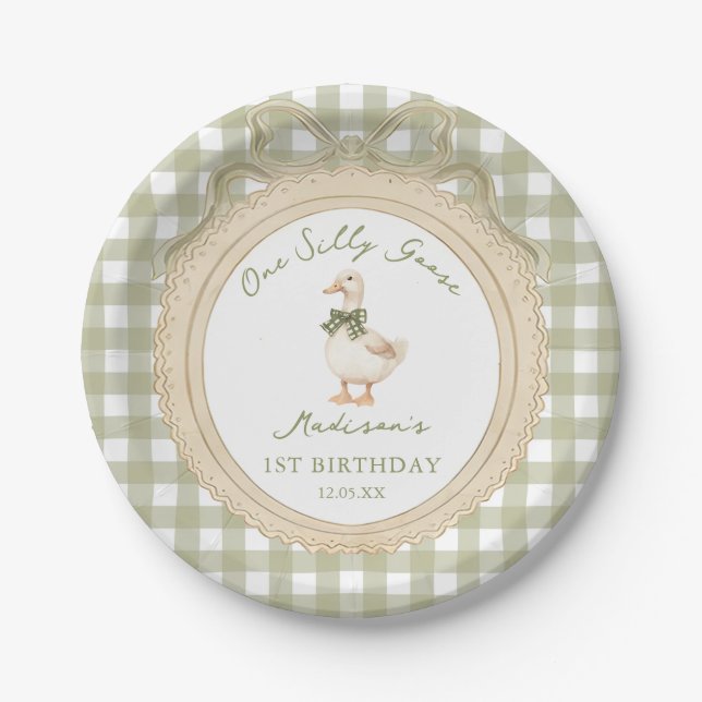 Plato De Papel One Silly Goose Bow Gingham 1st Birthday (Anverso)