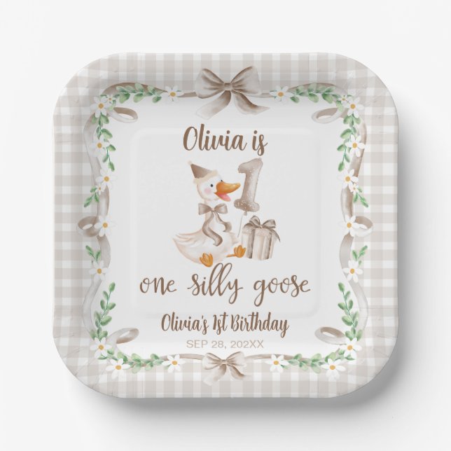 Plato De Papel One Silly Goose Brown Bow 1st Birthday (Anverso)