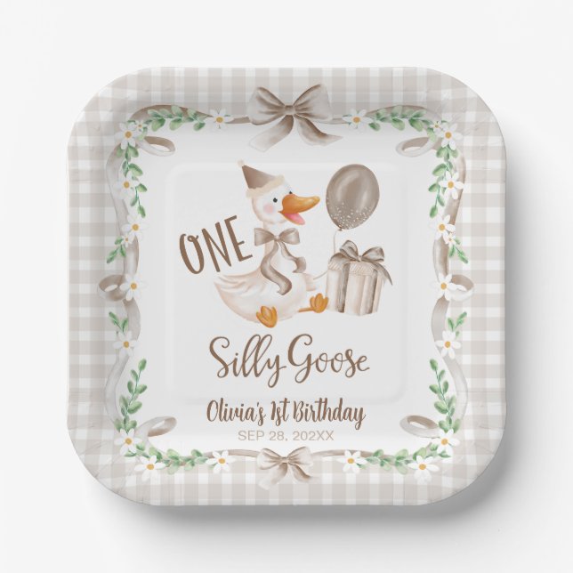 Plato De Papel One Silly Goose Brown Bow 1st Birthday (Anverso)