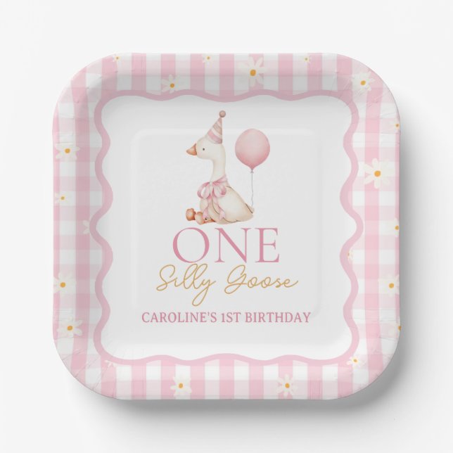 Plato De Papel One Silly Goose Daisy Gingham Primer cumpleaños (Anverso)