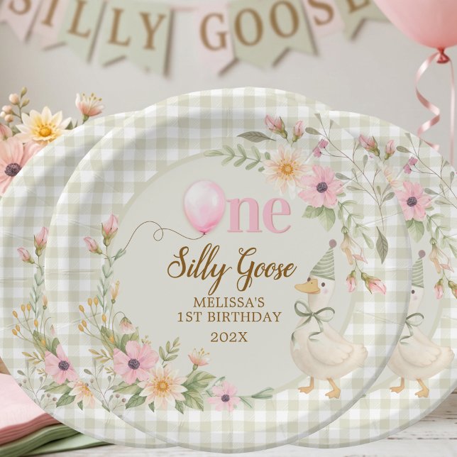 Plato De Papel One Silly Goose Gingham Pink Flora Birthday Party  (Subido por el creador)