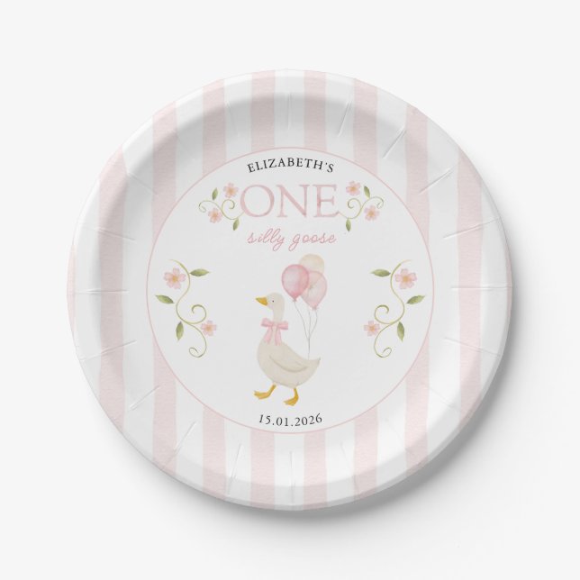 Plato De Papel One Silly Goose Girl 1st Birthday Pink (Anverso)