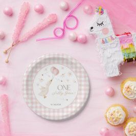 Plato De Papel One Silly Goose Girls 1st Birthday Pink Gingham