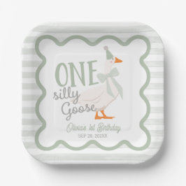 Plato De Papel One Silly Goose Green Bow 1st Birthday
