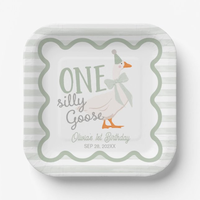 Plato De Papel One Silly Goose Green Bow 1st Birthday (Anverso)