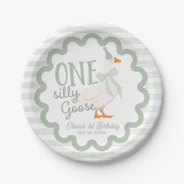 Plato De Papel One Silly Goose Green Bow 1st Birthday