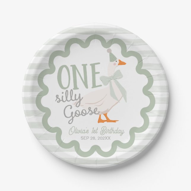 Plato De Papel One Silly Goose Green Bow 1st Birthday (Anverso)