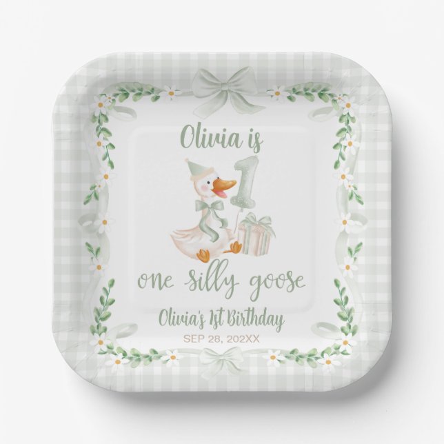 Plato De Papel One Silly Goose Green Bow Floral 1st Birthday (Anverso)