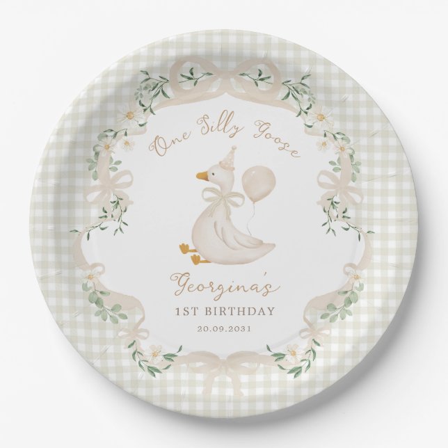 Plato De Papel One Silly Goose Neutral Bow Gingham 1st Birthday (Anverso)