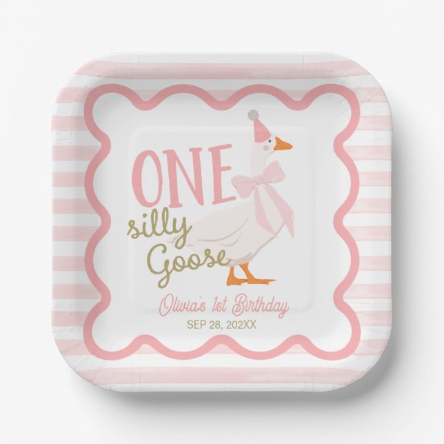 Plato De Papel One Silly Goose Pink Bow 1st Birthday (Anverso)