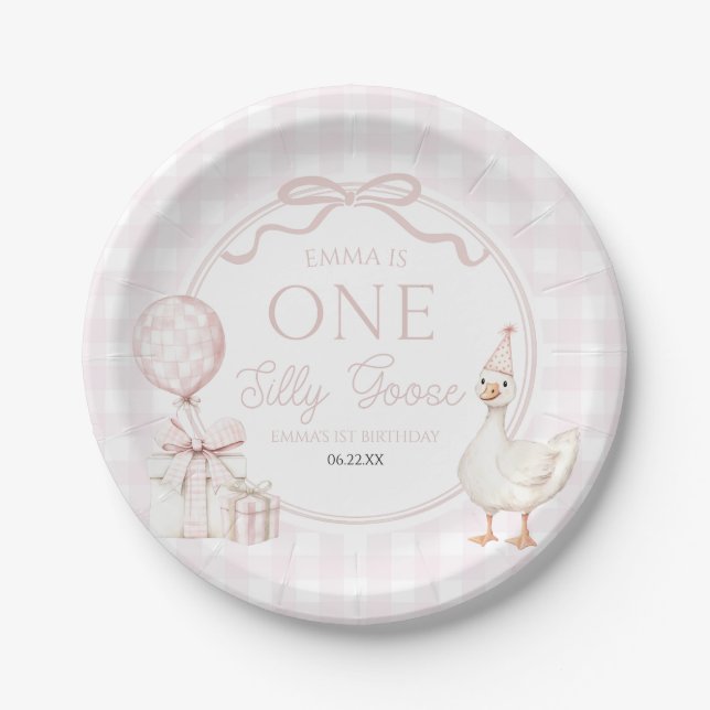 Plato De Papel ONE Silly Goose Pink Bow 1st Birthday Party (Anverso)