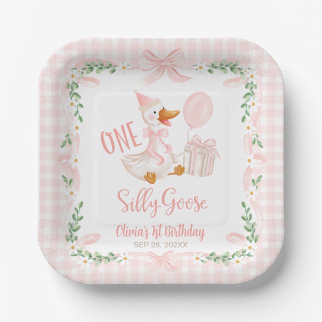 Plato De Papel One Silly Goose Pink Bow Floral 1st Birthday (Anverso)