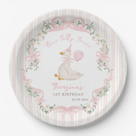 Plato De Papel One Silly Goose Pink Bow Floral 1st Birthday