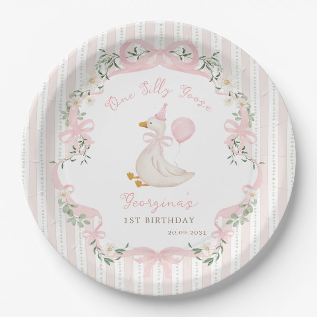 Plato De Papel One Silly Goose Pink Bow Floral 1st Birthday (Anverso)