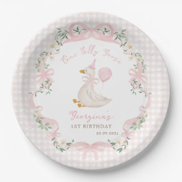 Plato De Papel One Silly Goose Pink Bow Gingham 1st Birthday