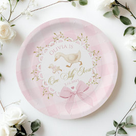 Plato De Papel One Silly Goose Pink Gingham 1st Birthday Bow