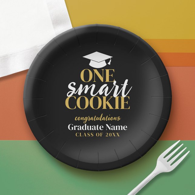 Plato De Papel One Smart Cookie - Graduación moderna de oro negro (Custom Graduation Paper Plate)