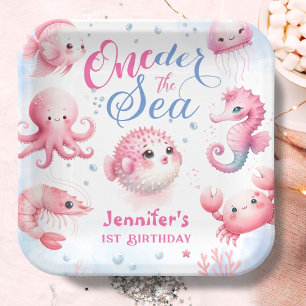 Plato De Papel Oneder The Sea 1er cumpleaños Chicas color rosa oc