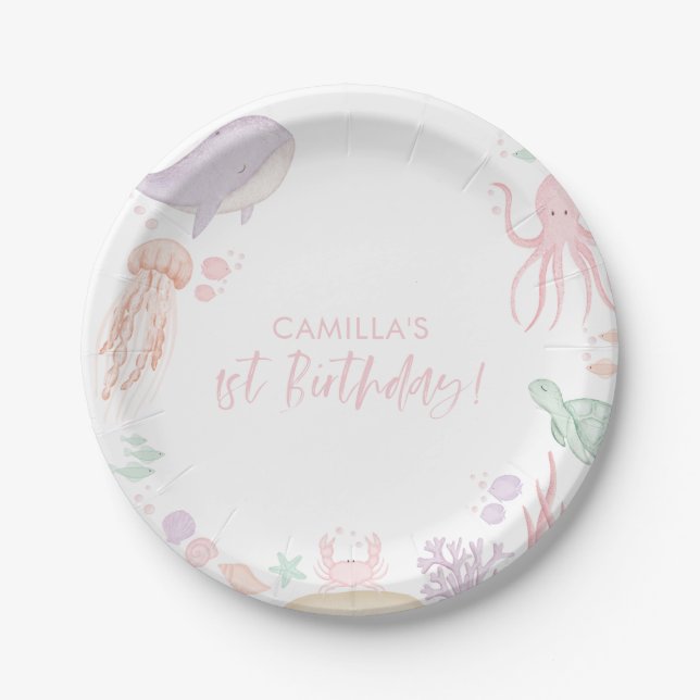 Plato De Papel Oneder The Sea Chicas 1er cumpleaños (Anverso)