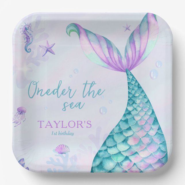Plato De Papel Oneder the Sea Mermaid chica de primer cumpleaños (Anverso)