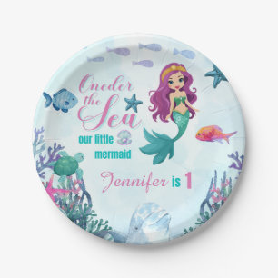 Plato De Papel Oneder the Sea Purple Mermaid Chicas 1er cumpleaño
