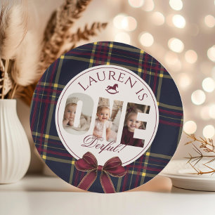 Plato De Papel OneDerful 1er Birtdhay Burgundy Classic Plaid