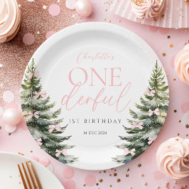 Plato De Papel Onederland Winter Pink Bow 1st Birthday